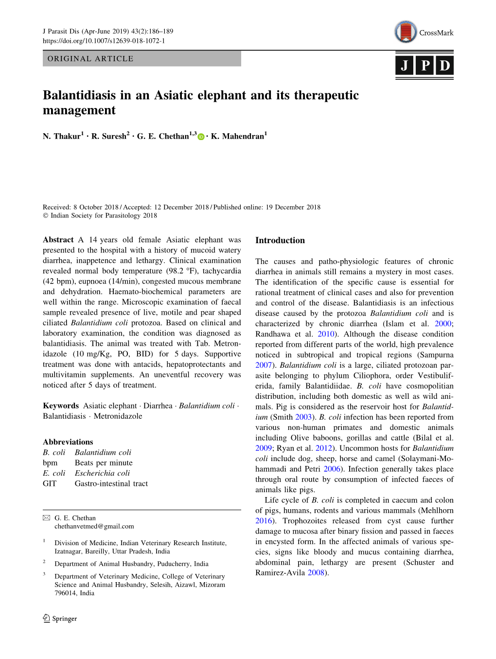 Balantidiasis in an Asiatic Elephant and Its Therapeutic Management