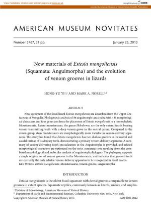 Estesia Mongoliensis (Squamata: Anguimorpha) and the Evolution of Venom Grooves in Lizards