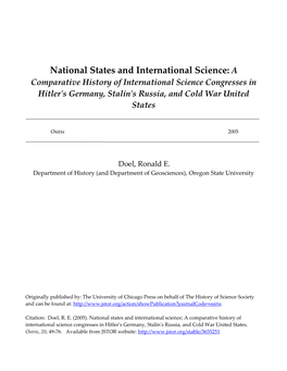 National States and International Science: a Comparative History of International Science Congresses in Hitler's Germany, Stalin's Russia, and Cold War United States