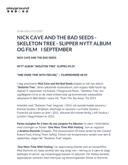 Nick Cave and the Bad Seeds - Skeleton Tree - Slipper Nytt Album Og Film‏ I September