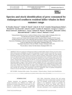 Species and Stock Identification of Prey Consumed by Endangered Southern Resident Killer Whales in Their Summer Range