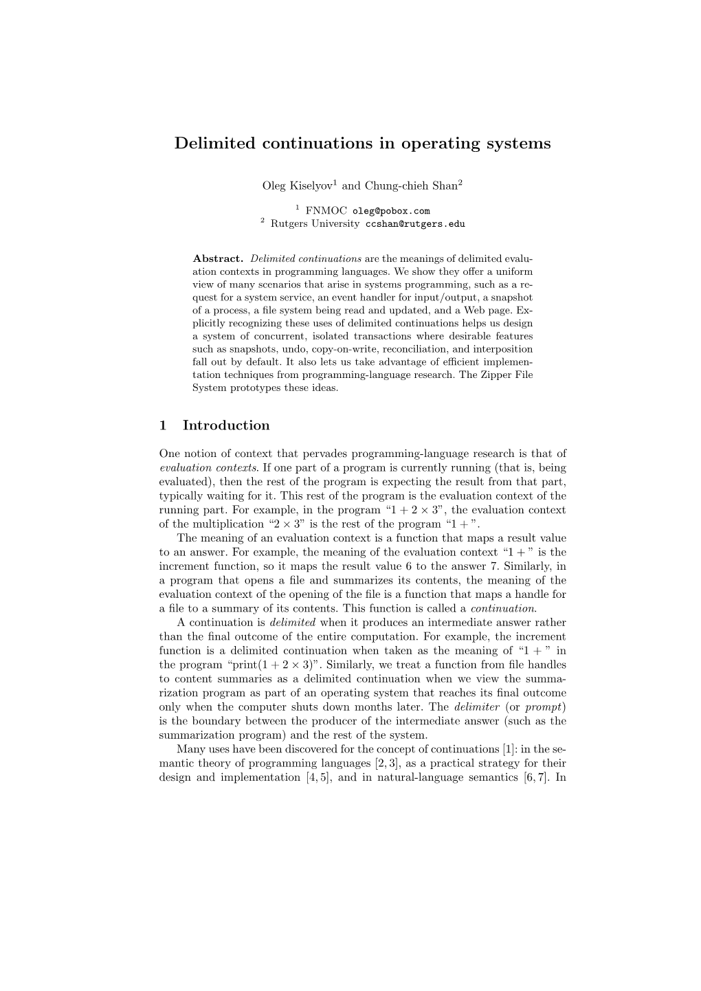 Delimited Continuations in Operating Systems