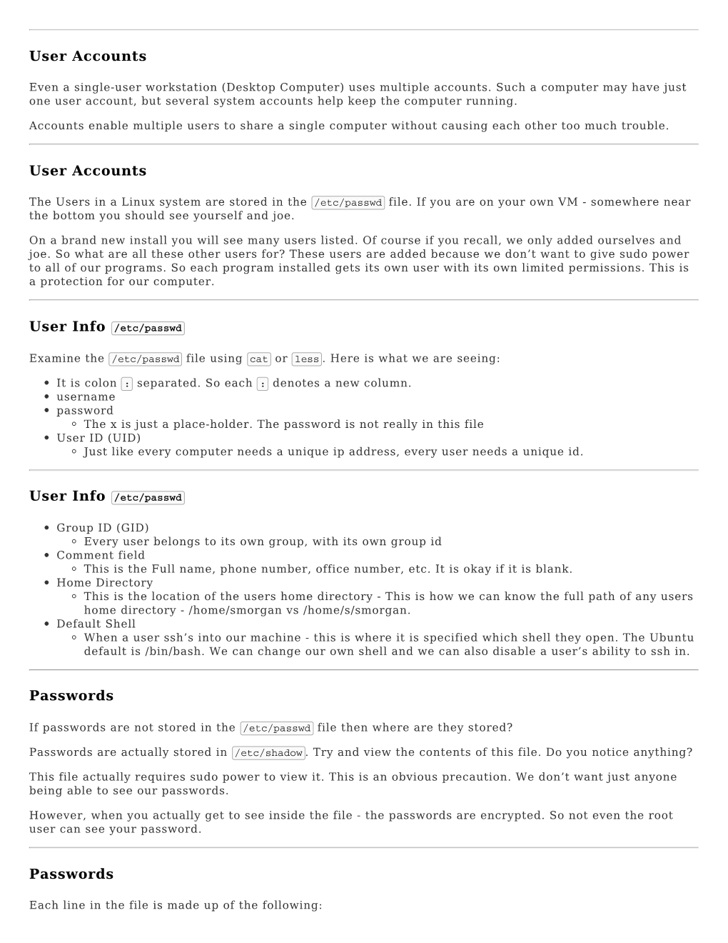 User Accounts User Accounts User Info /Etc/Passwd User Info /Etc