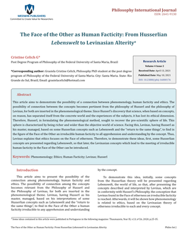 Cristine Celich G. the Face of the Other As Human Facticity: from Husserlian Lebenswelt to Levinasian Alterity . Philos Int J 20