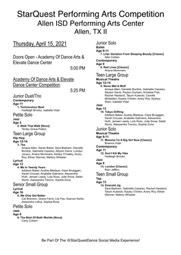 Allen ISD Performing Arts Center Allen, TX II Thursday, April 15, 2021 Junior Solo Ballet Age 9-11 7