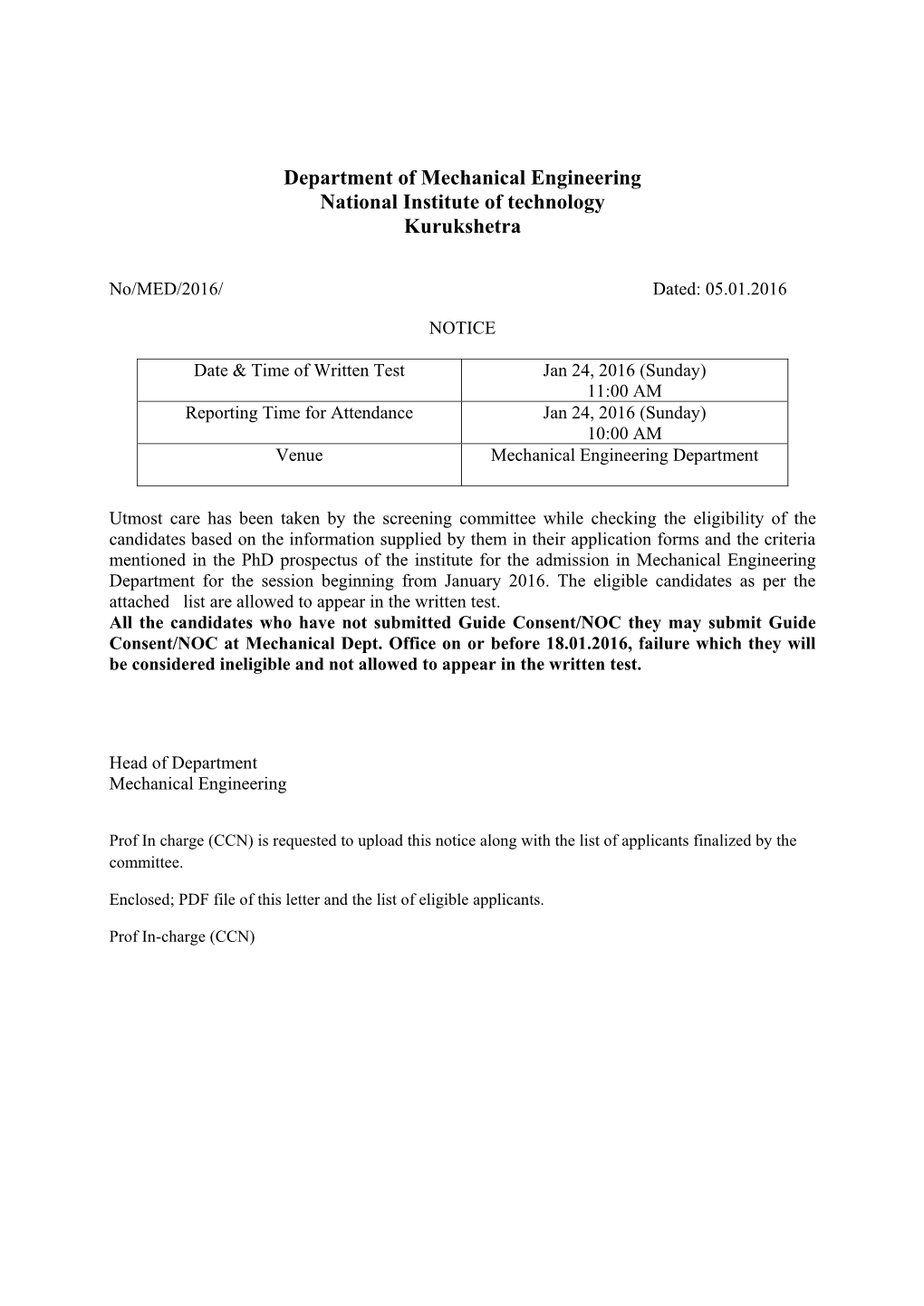 Department of Mechanical Engineering National Institute of Technology Kurukshetra