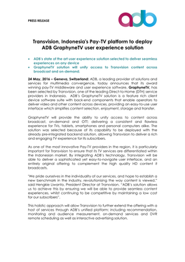 Transvision, Indonesia's Pay-TV Platform to Deploy ADB Graphynetv User Experience Solution