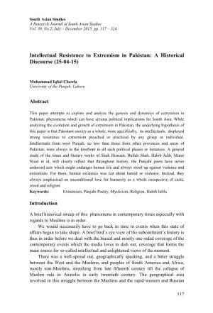Intellectual Resistence to Extremism in Pakistan: a Historical Discourse (25-04-15)
