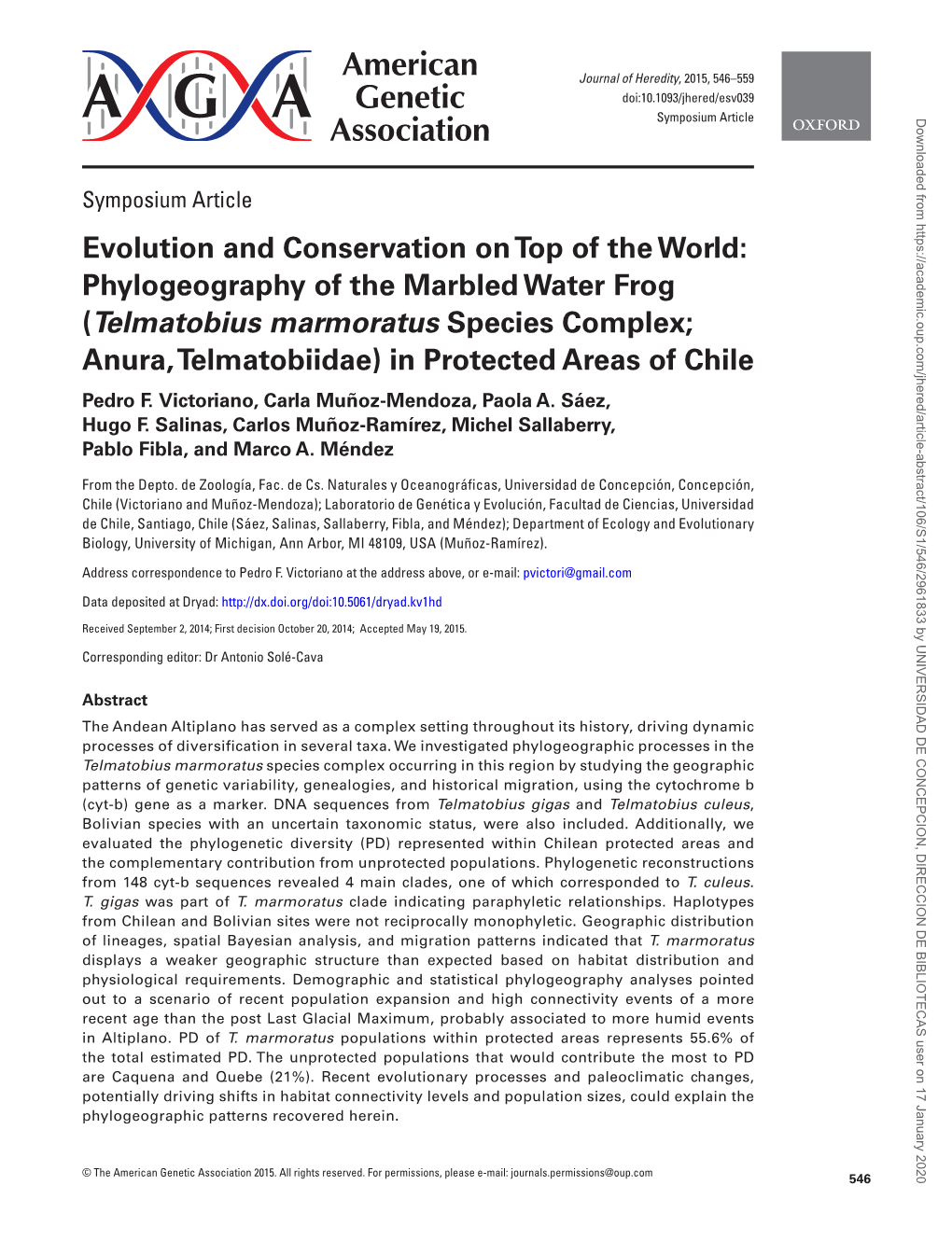 Phylogeography of the Marbled Water Frog (Telmatobius Marmoratus Species Complex; Anura, Telmatobiidae) in Protected Areas of Chile Pedro F