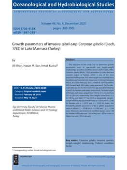 Growth Parameters of Invasive Gibel Carp Carassius Gibelio (Bloch, 1782) in Lake Marmara (Turkey) by Abstract