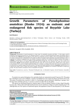 Growth Parameters of Pseudophoxinus Anatolicus (Hanko 1924): an Endemic and Endangered Fish Species of Beyşehir Lake (Turkey)