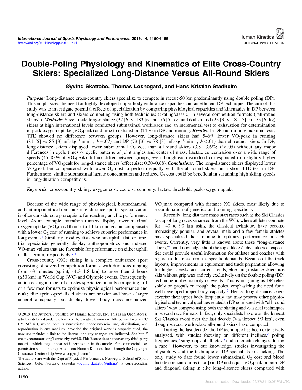 Downloaded 09/27/21 10:07 PM UTC Physiology of Elite Long-Distance XC Skiers 1191 All-Round Skiers
