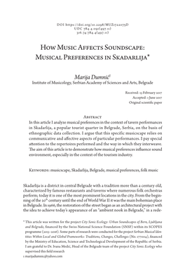 How Music Affects Soundscape: Musical Preferences in Skadarlija*