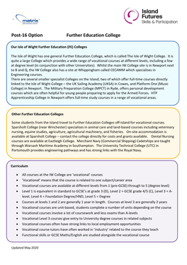 Post-16 Option Further Education College