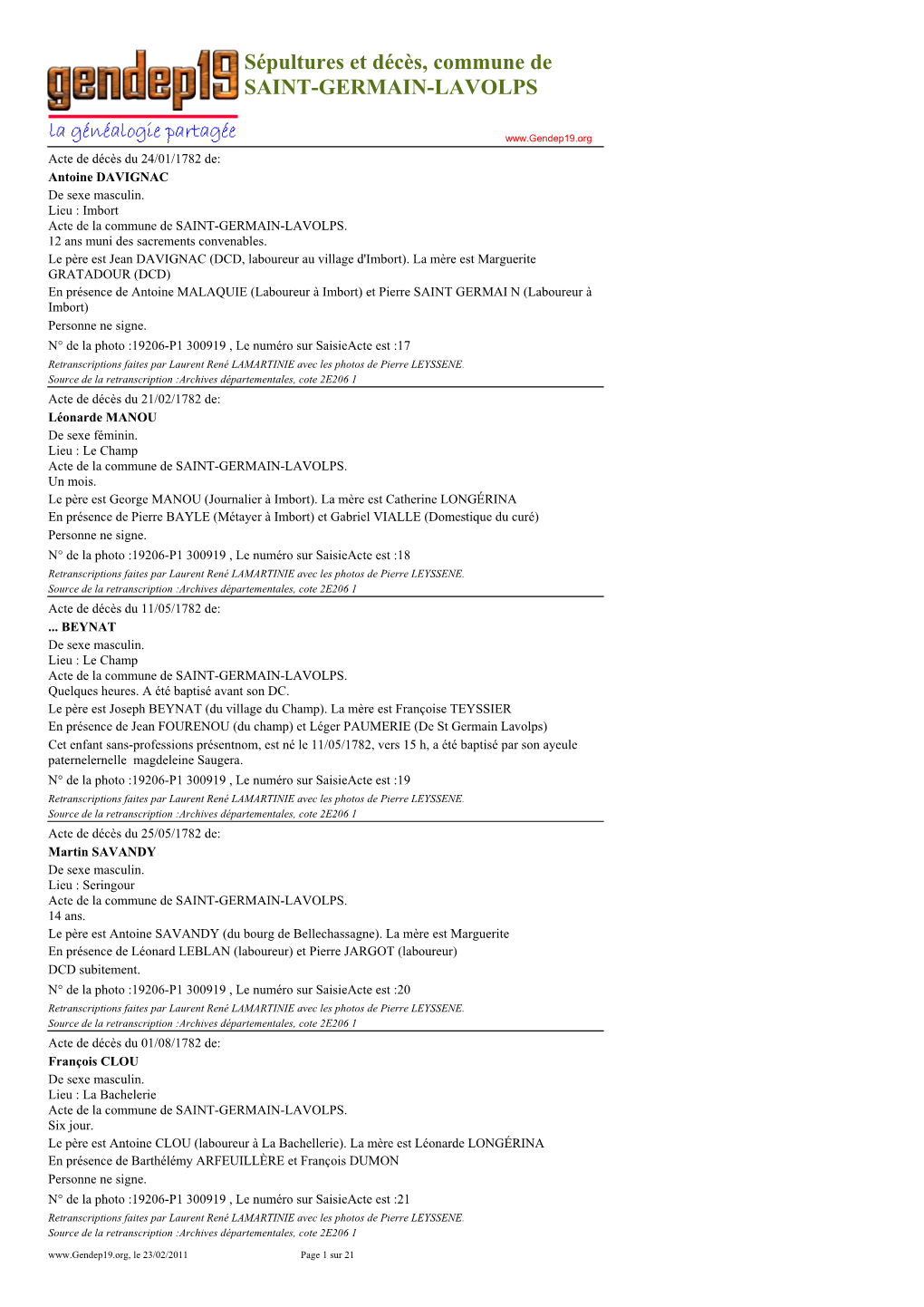 Sépultures Et Décès, Commune De SAINT-GERMAIN-LAVOLPS