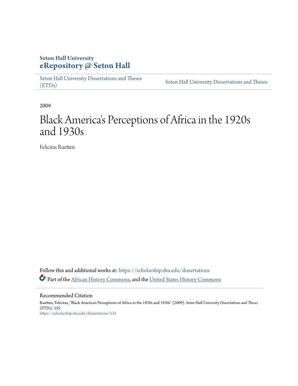 Black America's Perceptions of Africa in the 1920S and 1930S Felicitas Ruetten