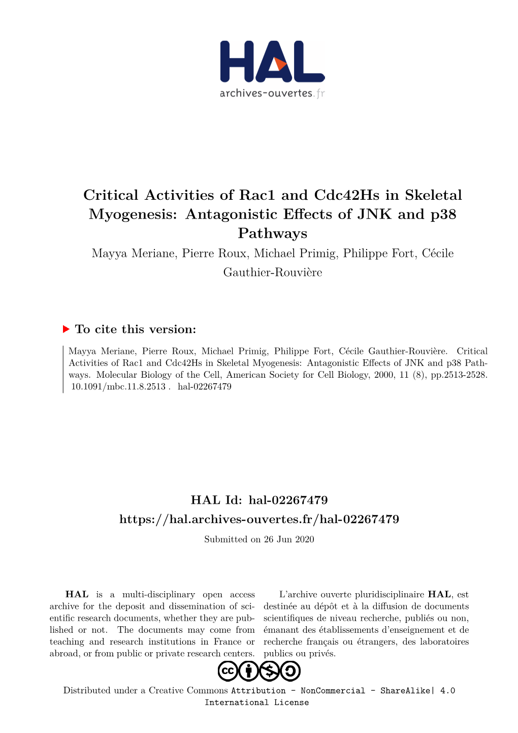 Critical Activities of Rac1 and Cdc42hs in Skeletal Myogenesis