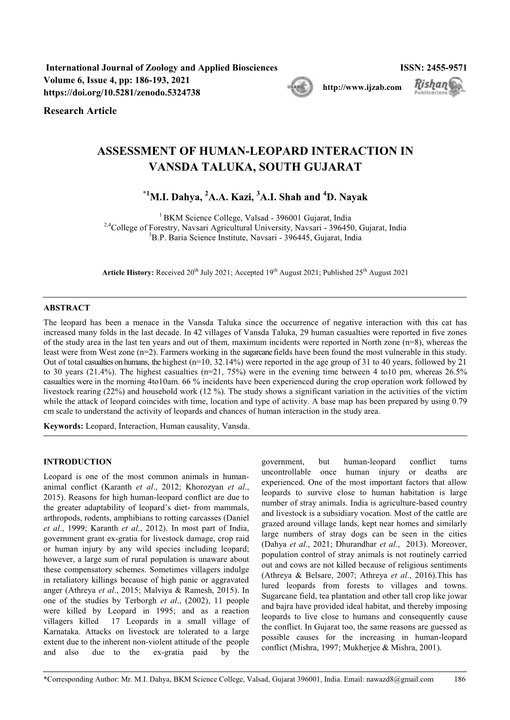 Assessment of Human-Leopard Interaction in Vansda Taluka, South Gujarat