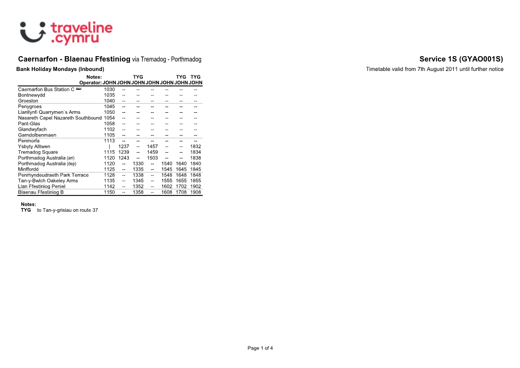 Traveline Cymru A4 Landscape Timetable