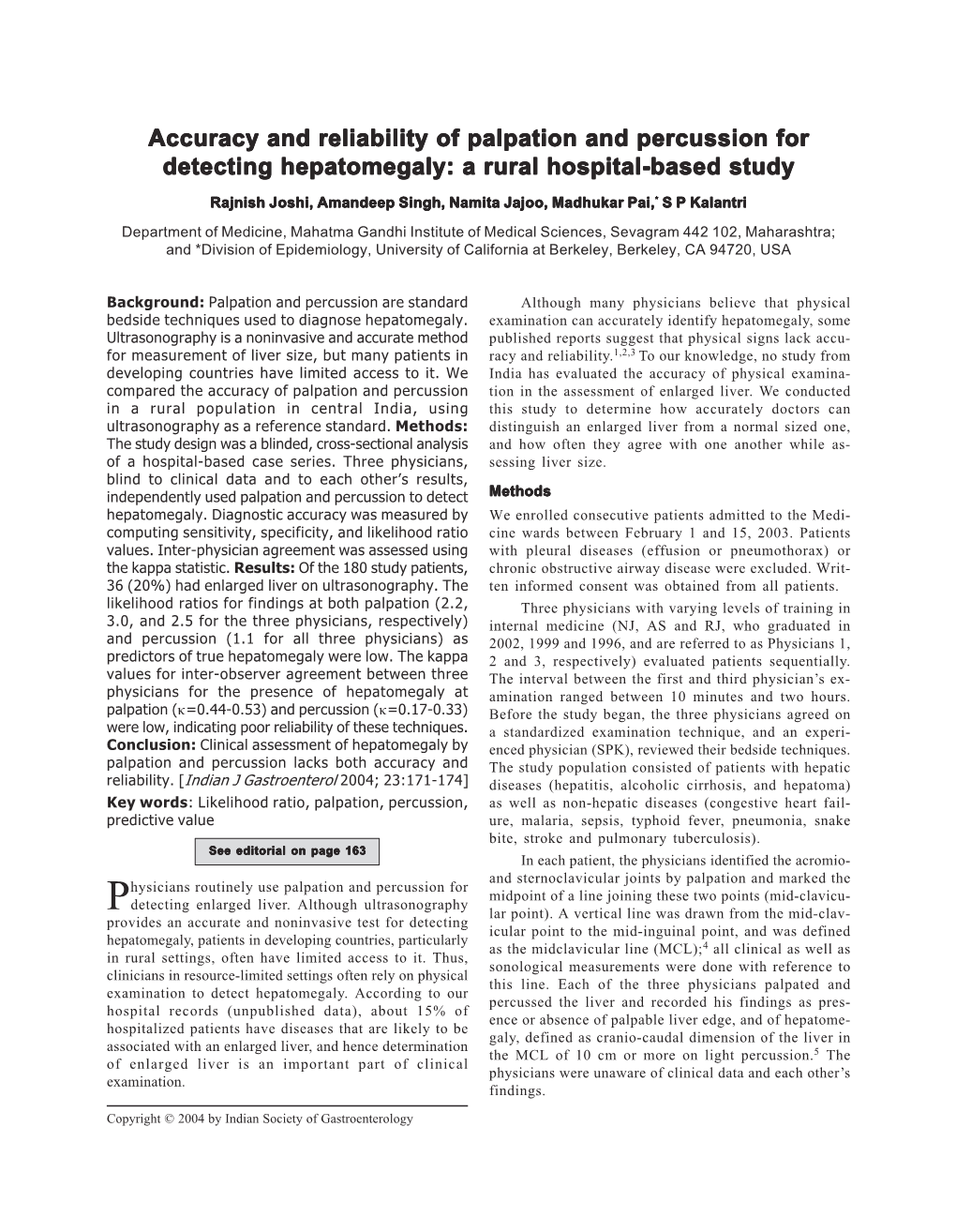 Accuracy and Reliability of Palpation and Percussion for Detecting Hepatomegaly: a Rural Hospital-Based Study