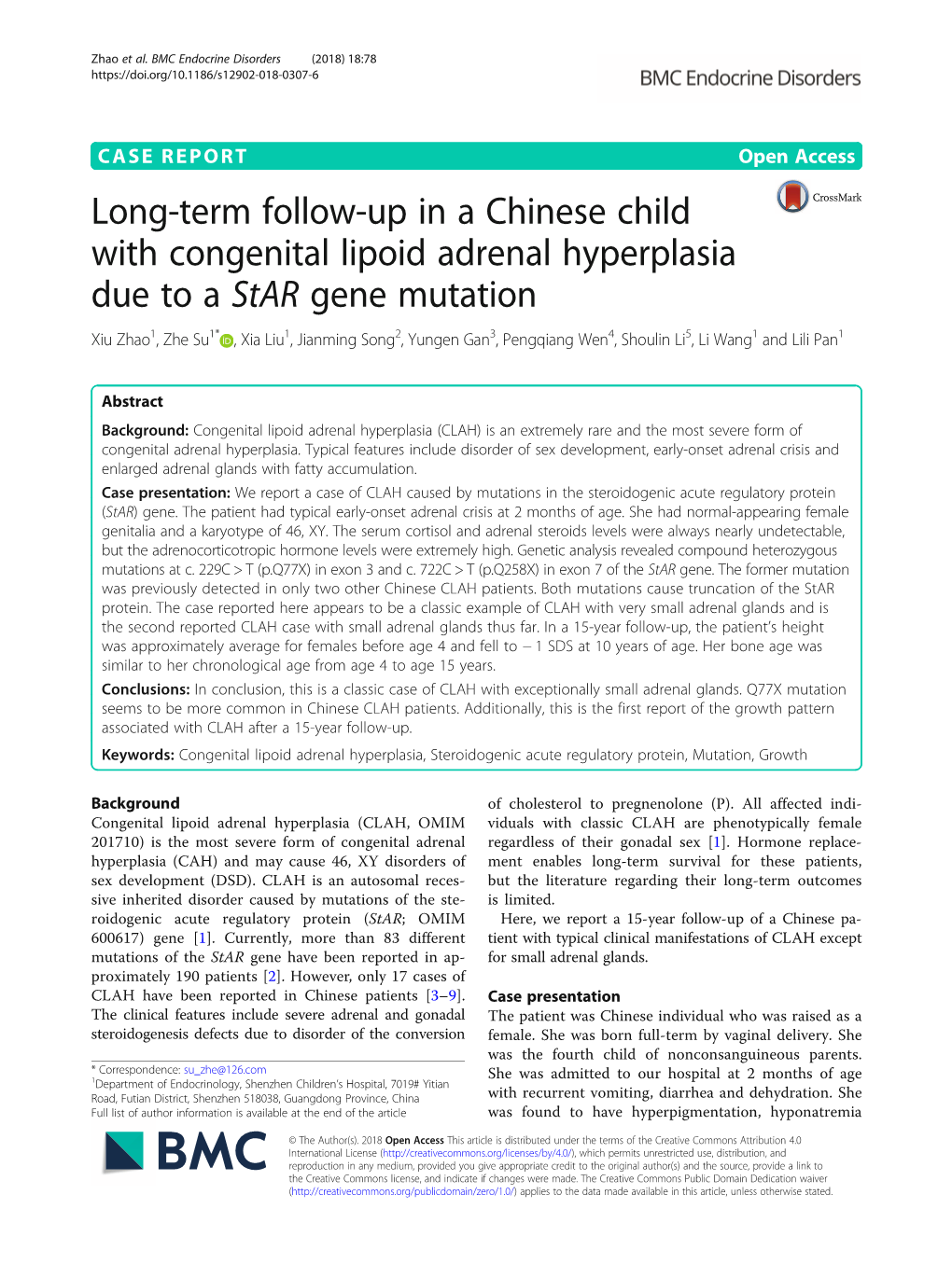 Long-Term Follow-Up in a Chinese Child with Congenital Lipoid Adrenal