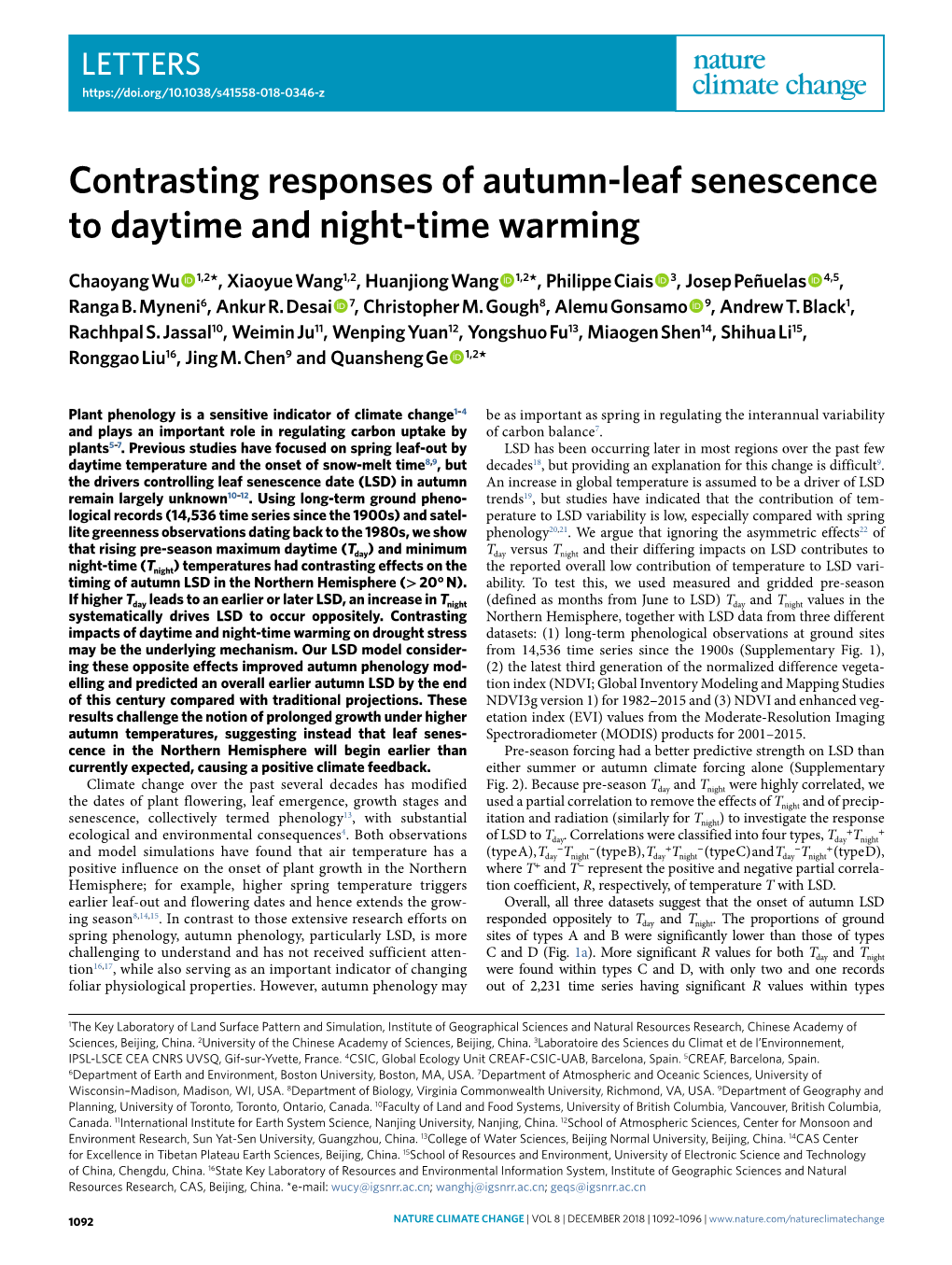 Contrasting Responses of Autumn-Leaf Senescence to Daytime and Night-Time Warming