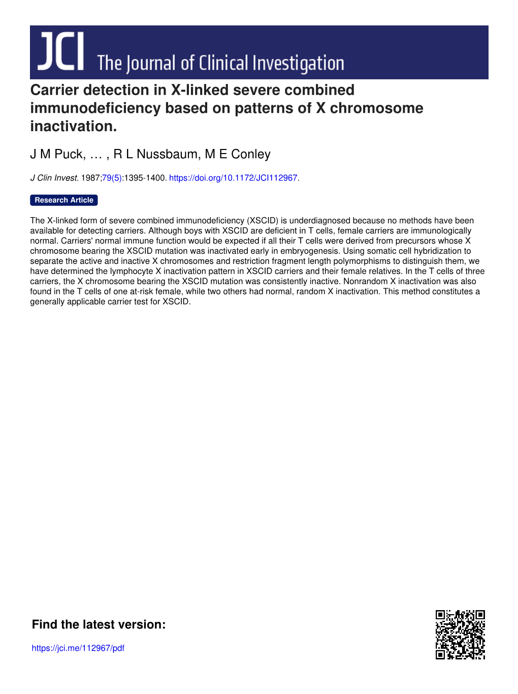 Carrier Detection in X-Linked Severe Combined Immunodeficiency Based on Patterns of X Chromosome Inactivation