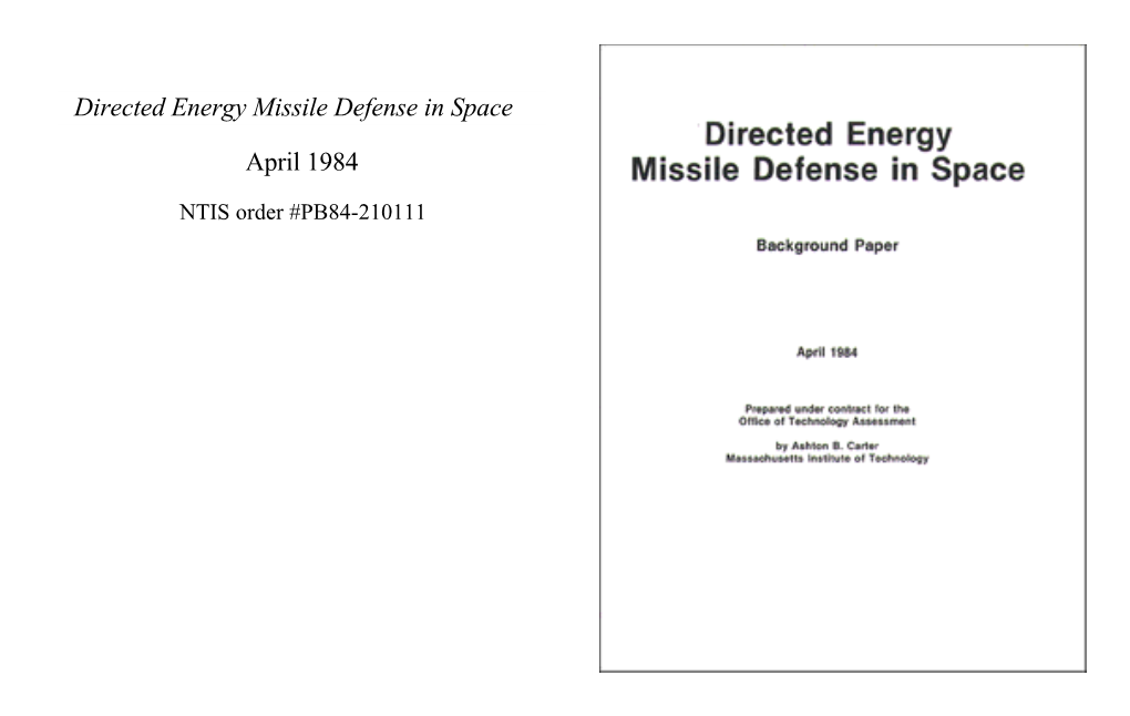 Directed Energy Missile Defense in Space April 1984