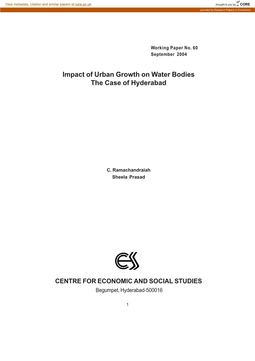 Impact of Urban Growth on Water Bodies the Case of Hyderabad