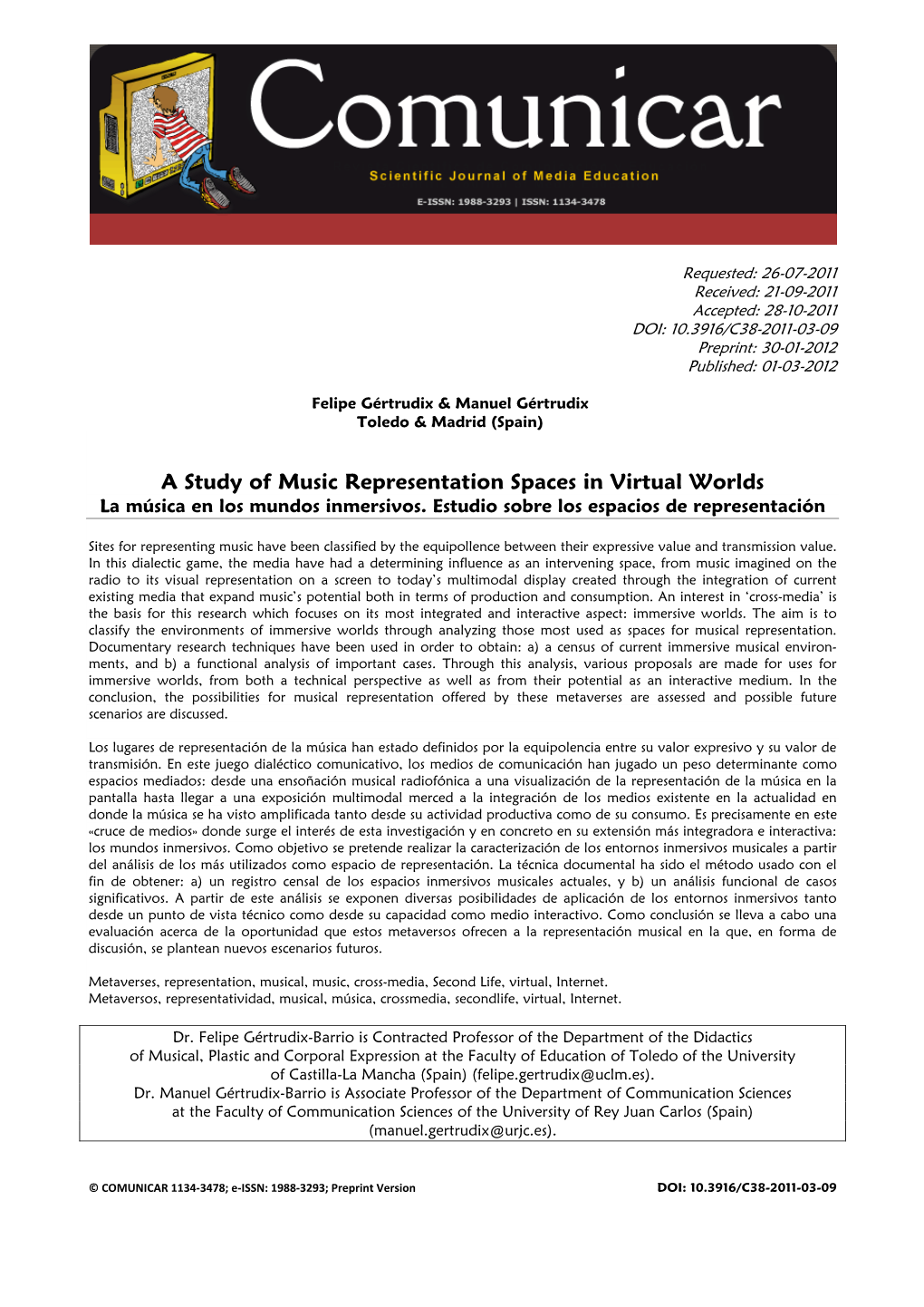 A Study of Music Representation Spaces in Virtual Worlds La Música En Los Mundos Inmersivos