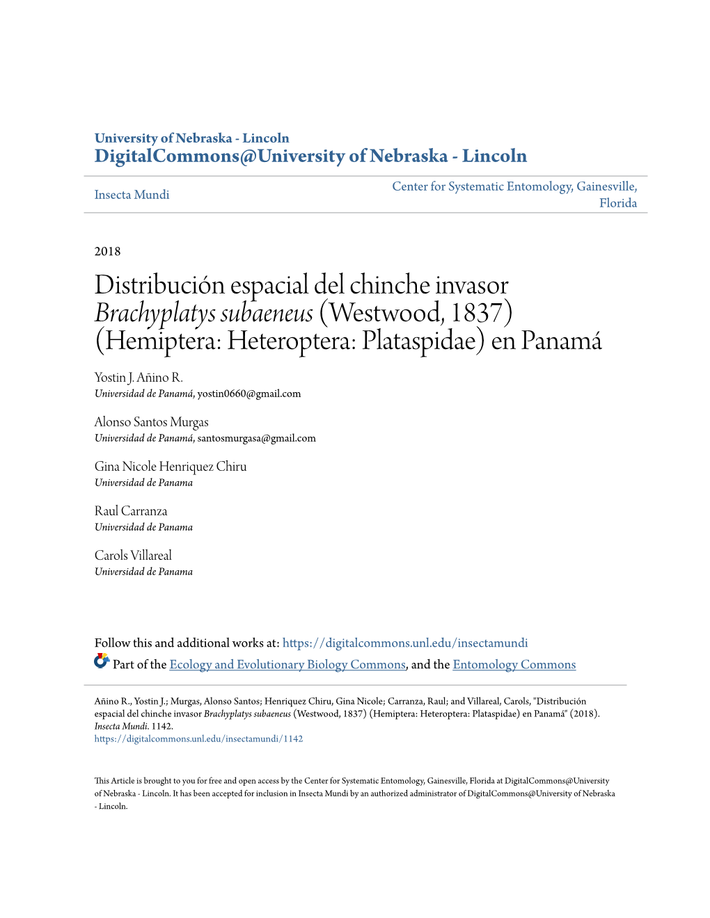 Distribución Espacial Del Chinche Invasor &lt;I&gt;Brachyplatys Subaeneus