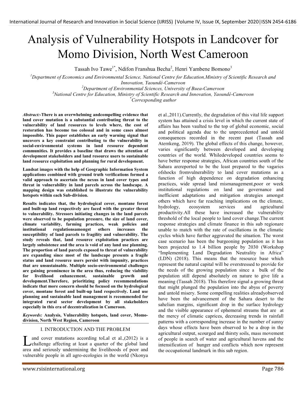 Analysis of Vulnerability Hotspots in Landcover for Momo Division, North West Cameroon