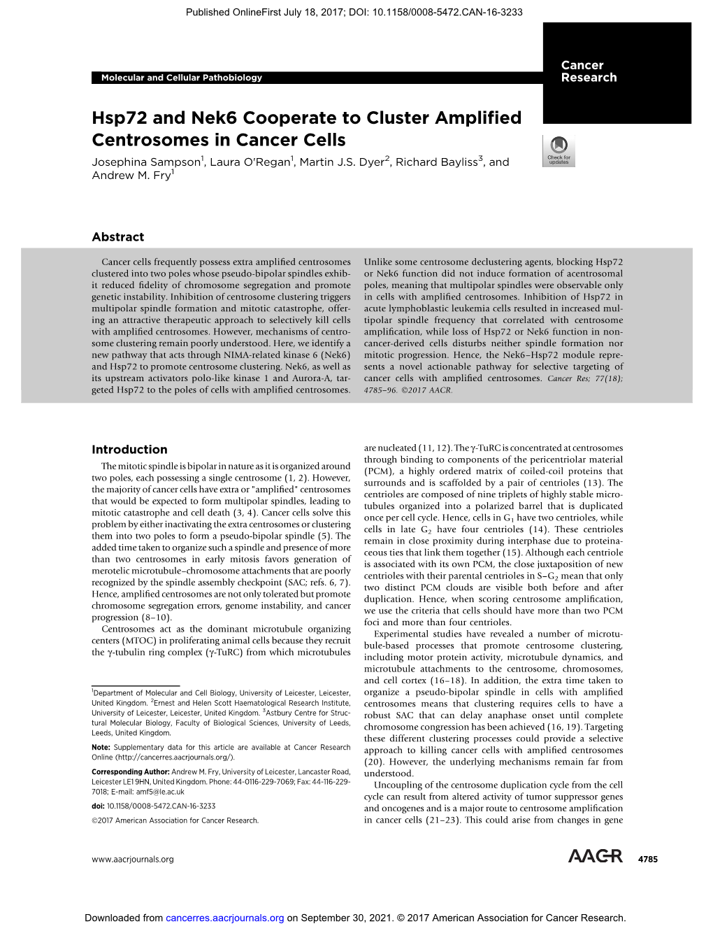 Hsp72 and Nek6 Cooperate to Cluster Amplified Centrosomes in Cancer Cells