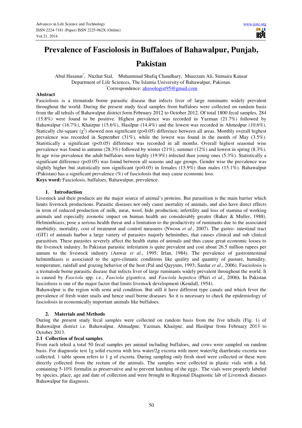 Prevalence of Fasciolosis in Buffaloes of Bahawalpur, Punjab, Pakistan