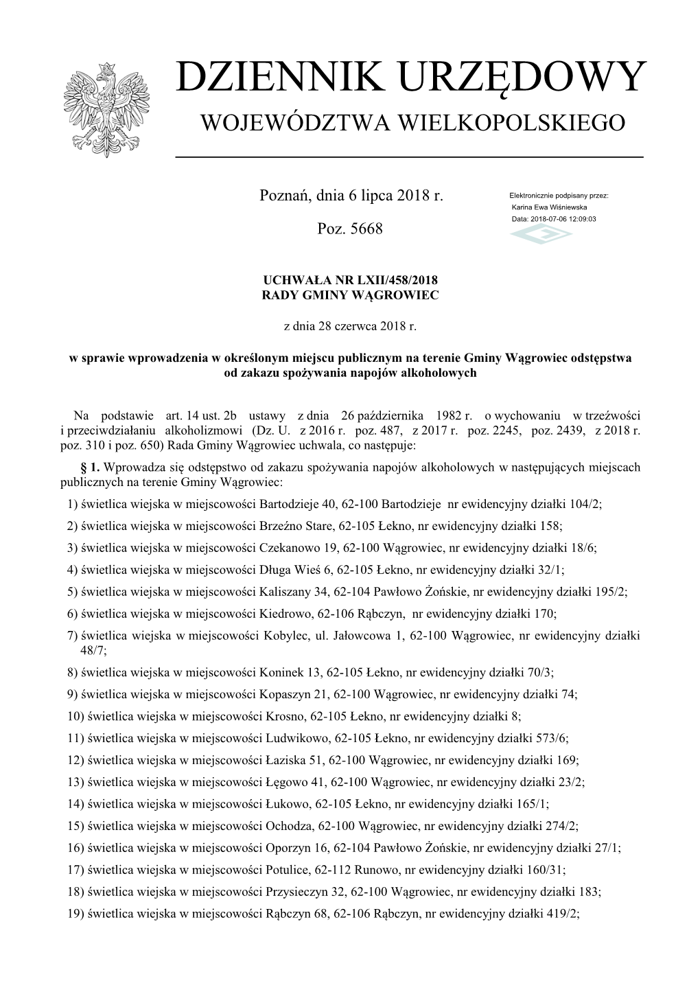 Uchwała Nr LXII/458/2018 Z Dnia 28 Czerwca 2018 R