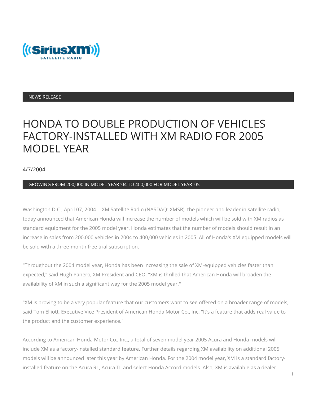 Honda to Double Production of Vehicles Factory-Installed with Xm Radio for 2005 Model Year