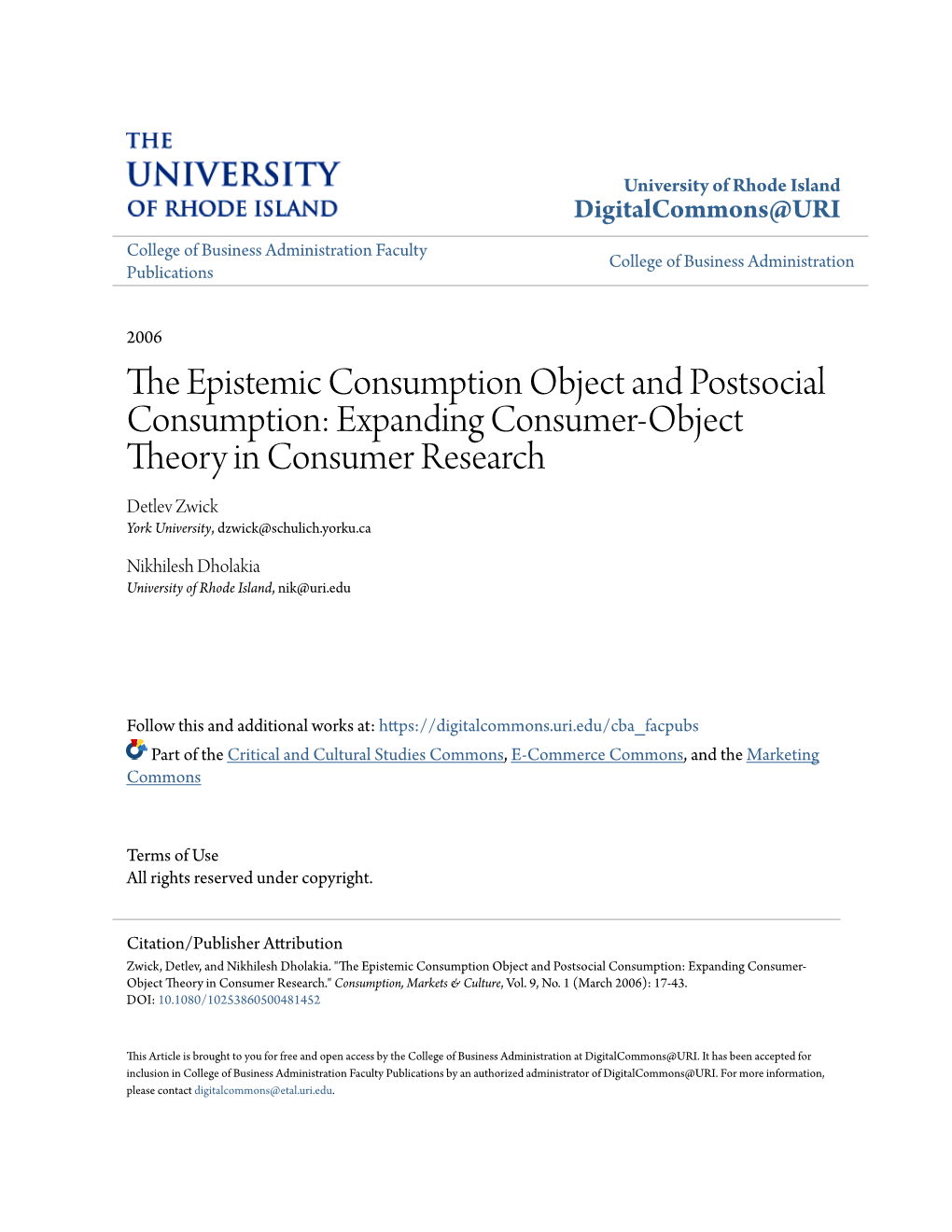 Object Theory in Consumer Research Detlev Zwick York University, Dzwick@Schulich.Yorku.Ca