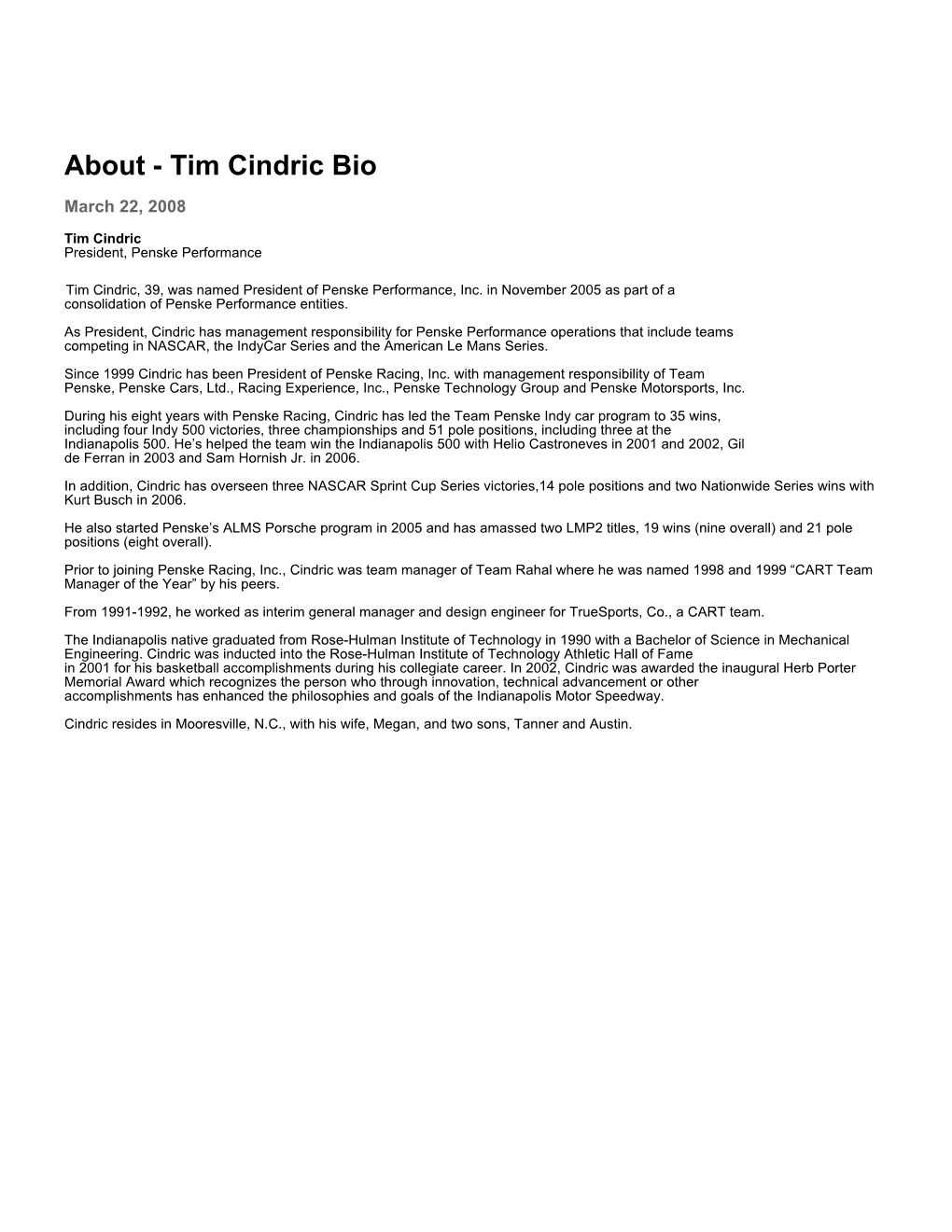 Tim Cindric Bio