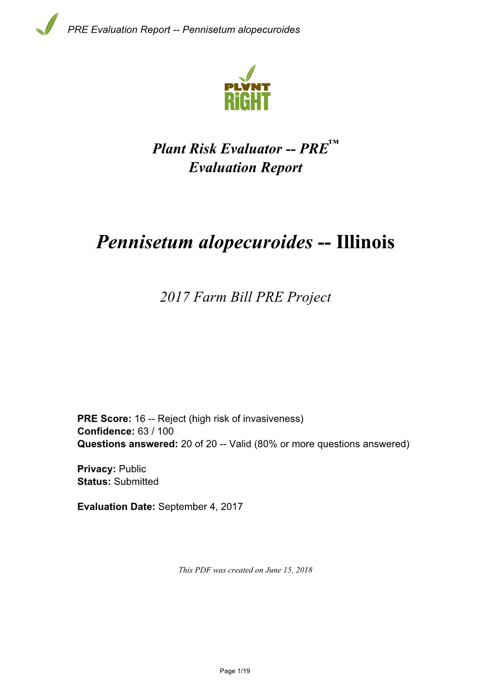 PRE Evaluation Report for Pennisetum