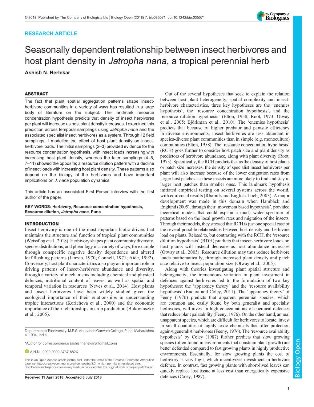 Seasonally Dependent Relationship Between Insect Herbivores and Host Plant Density in Jatropha Nana, a Tropical Perennial Herb Ashish N