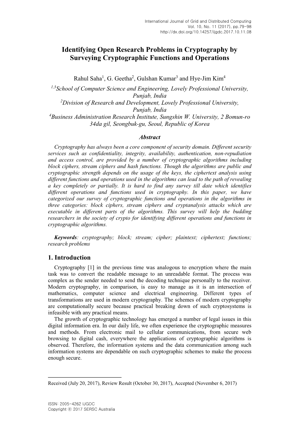 Identifying Open Research Problems in Cryptography by Surveying Cryptographic Functions and Operations 1