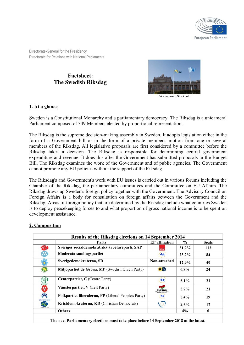 Factsheet: the Swedish Riksdag