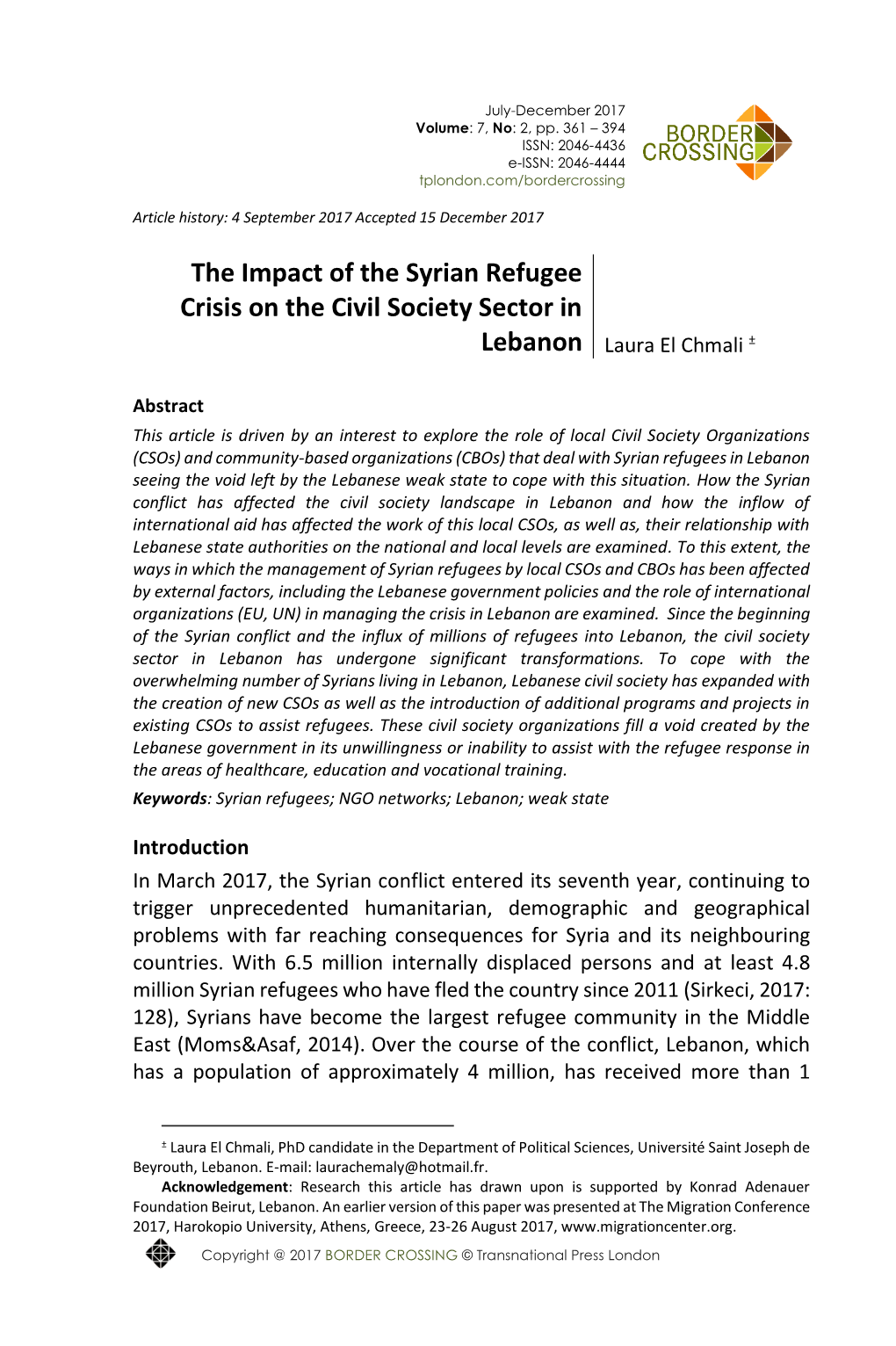 The Impact of the Syrian Refugee Crisis on the Civil Society Sector in Lebanon Laura El Chmali ±