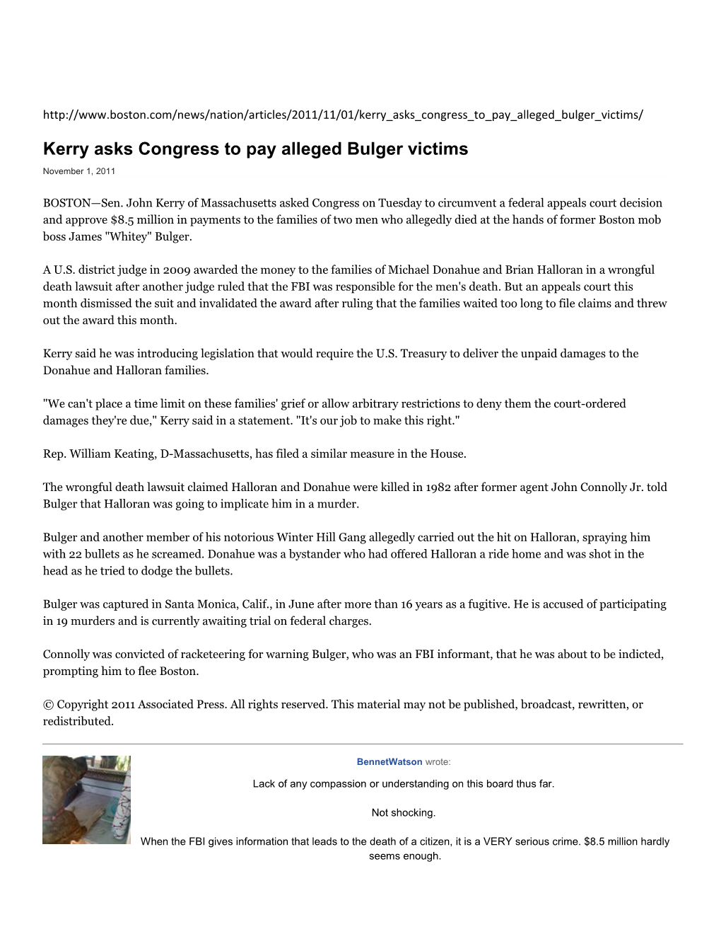 Kerry Asks Congress to Pay Alleged Bulger Victims