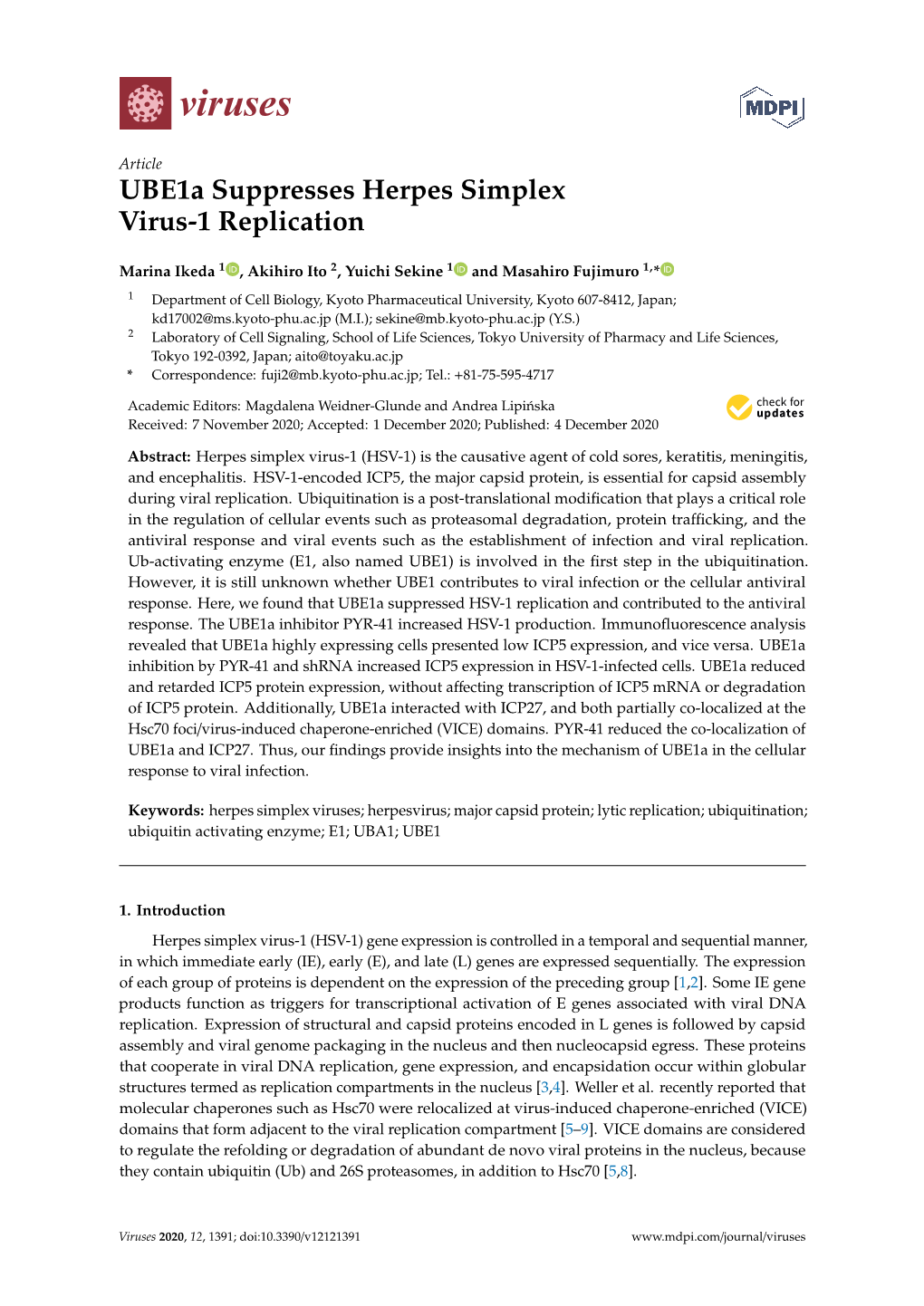 Ube1a Suppresses Herpes Simplex Virus-1 Replication