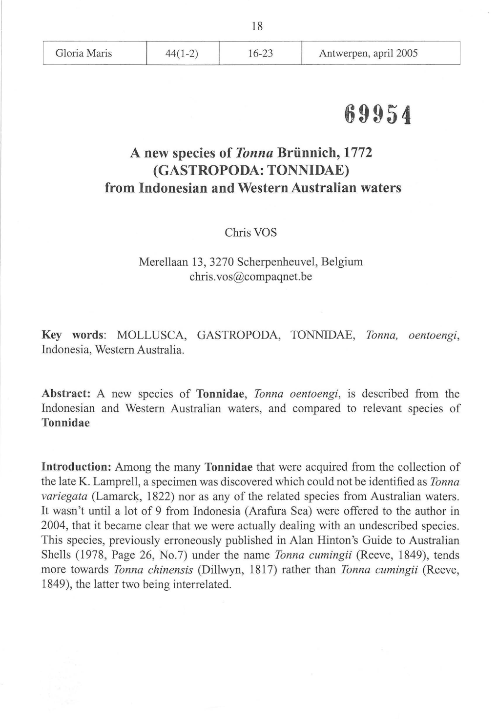 A New Species of Tonna Briinnich, 1772 (GASTROPODA: TONNIDAE) from Indonesian and Western Australian Waters