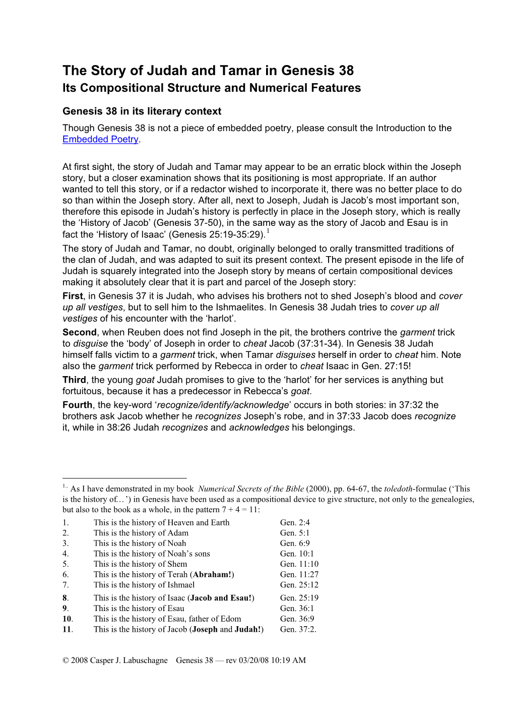 The Story of Judah and Tamar in Genesis 38 Its Compositional Structure and Numerical Features