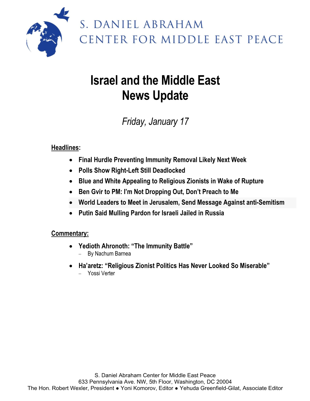 Israel and the Middle East News Update