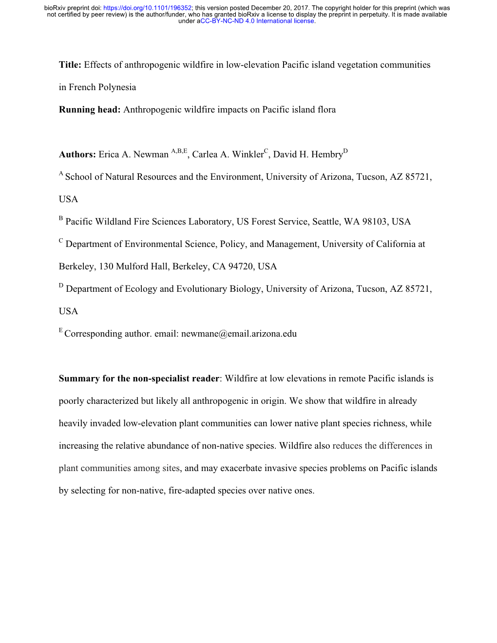 Effects of Anthropogenic Wildfire in Low-Elevation Pacific Island Vegetation Communities