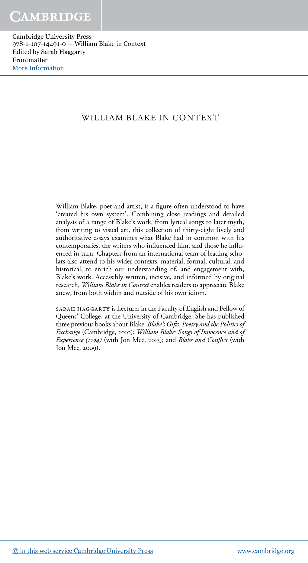 William Blake in Context Edited by Sarah Haggarty Frontmatter More Information